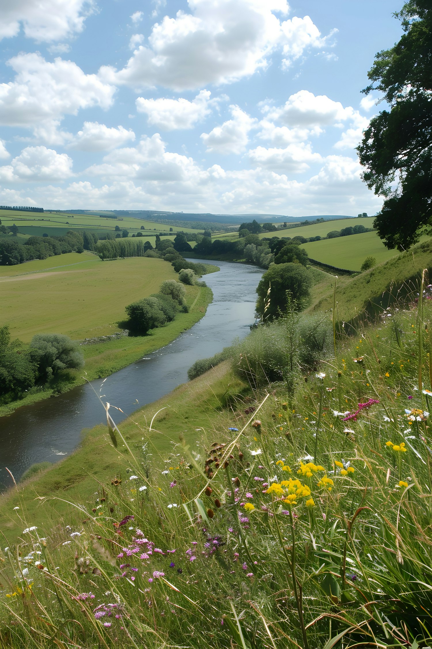 Serene Landscape with River and Wildflowers