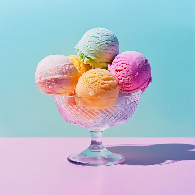 Colorful Ice Cream Scoops in Glass Bowl