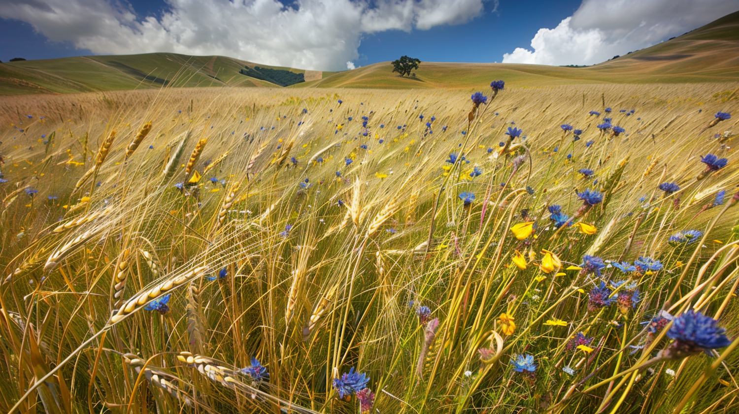 Tranquil Wheat Field with Wildflowers