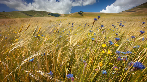 Tranquil Wheat Field with Wildflowers