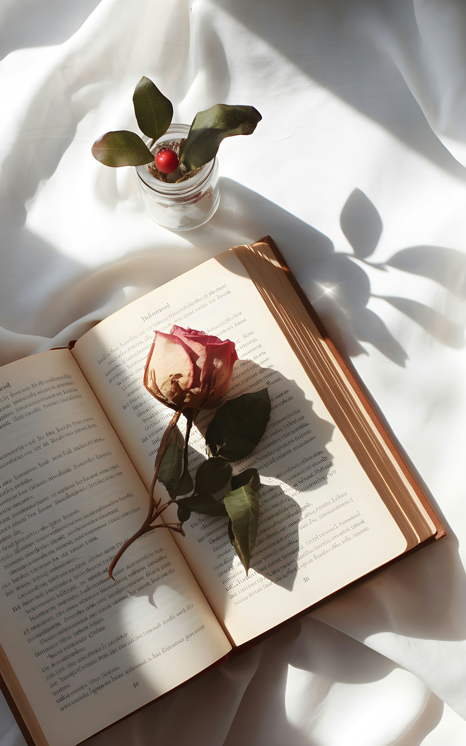 Serene Artistic Still Life with Withered Rose and Open Book