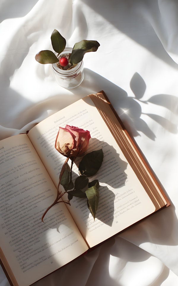 Serene Artistic Still Life with Withered Rose and Open Book