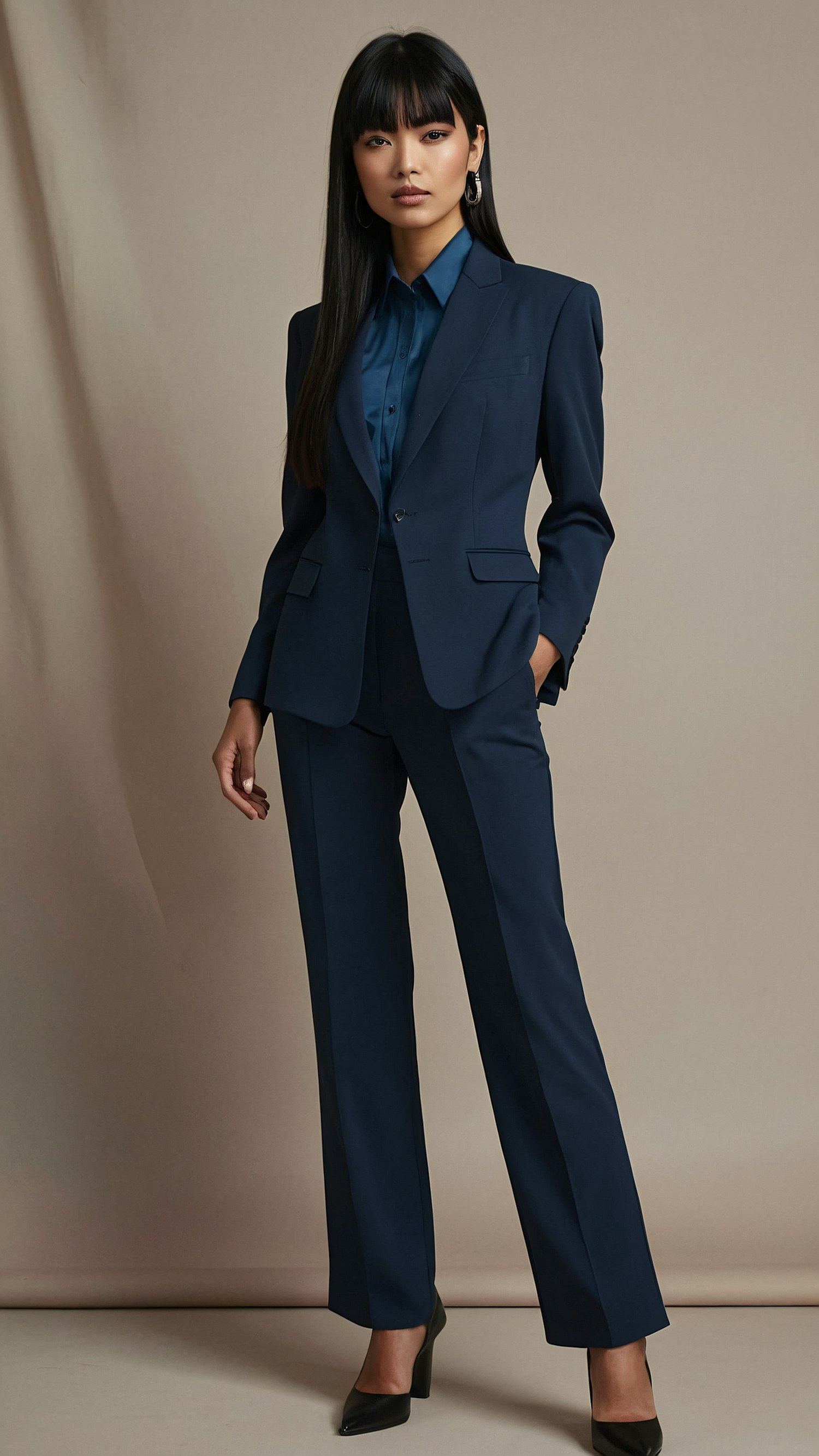 Confident Woman in Navy Blue Suit