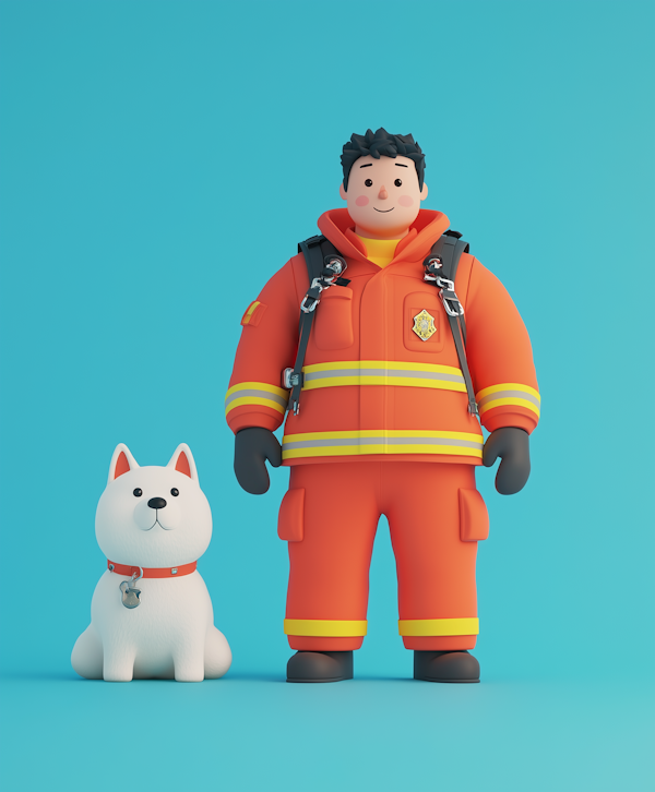 Playful Firefighter and Dog Illustration