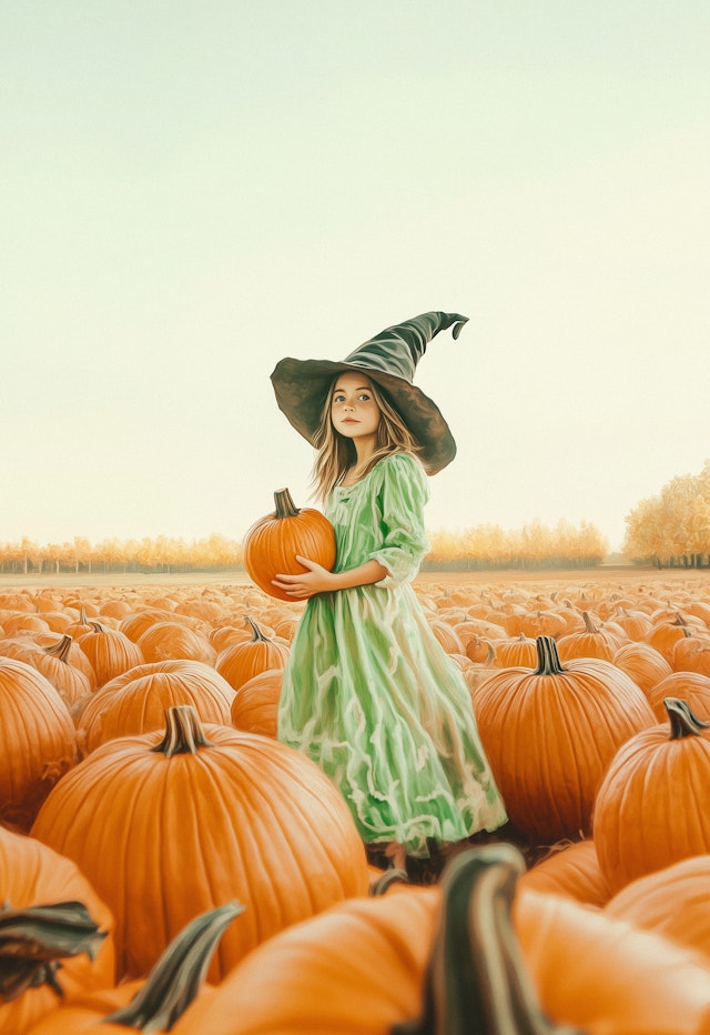 Girl in Pumpkin Patch with Witch's Hat