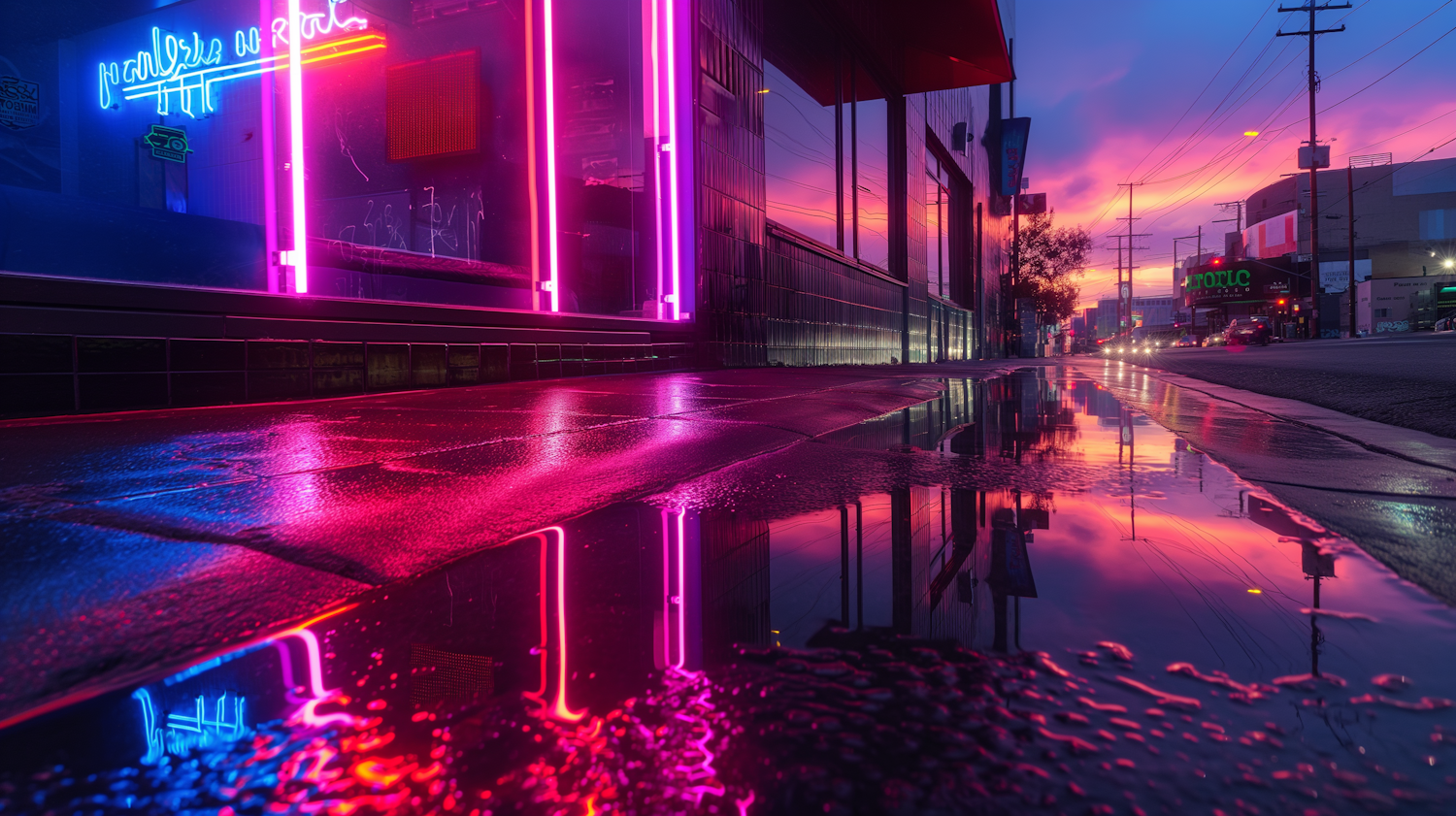 Urban Twilight with Neon Reflections