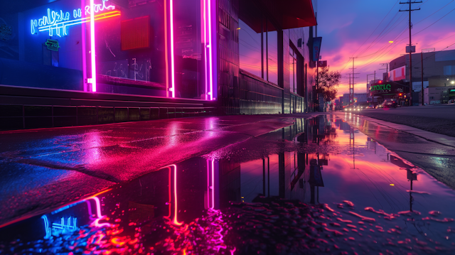 Urban Twilight with Neon Reflections