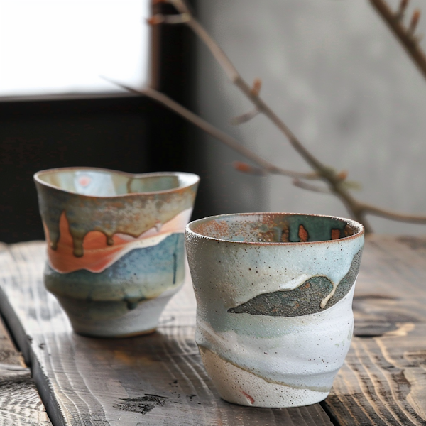 Artisanal Ceramic Cups on Wooden Surface