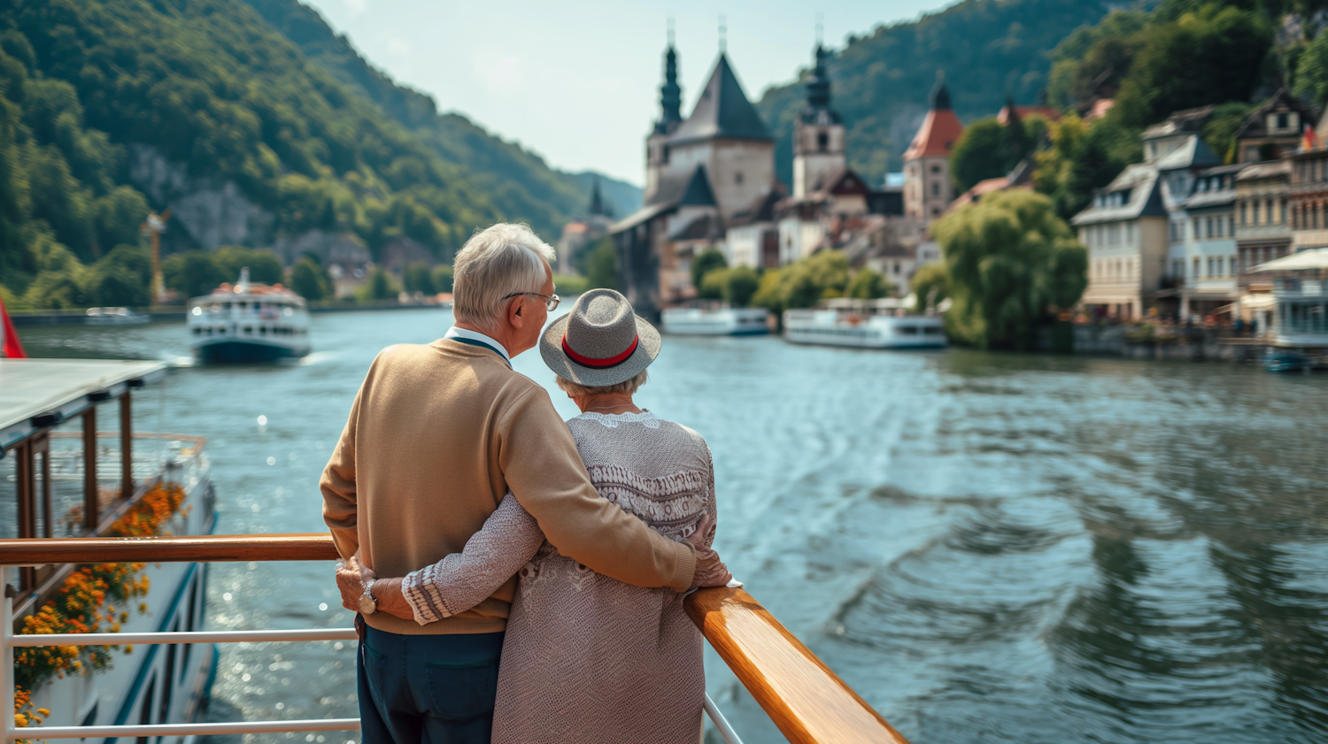 Elderly Couple Enjoying Scenic Village View from Boat