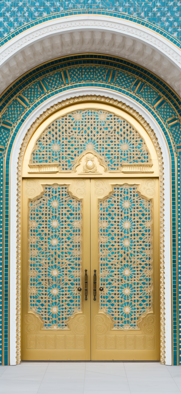 Luxurious Golden Ornate Double Doors with Lattice Design and Turquoise Frame