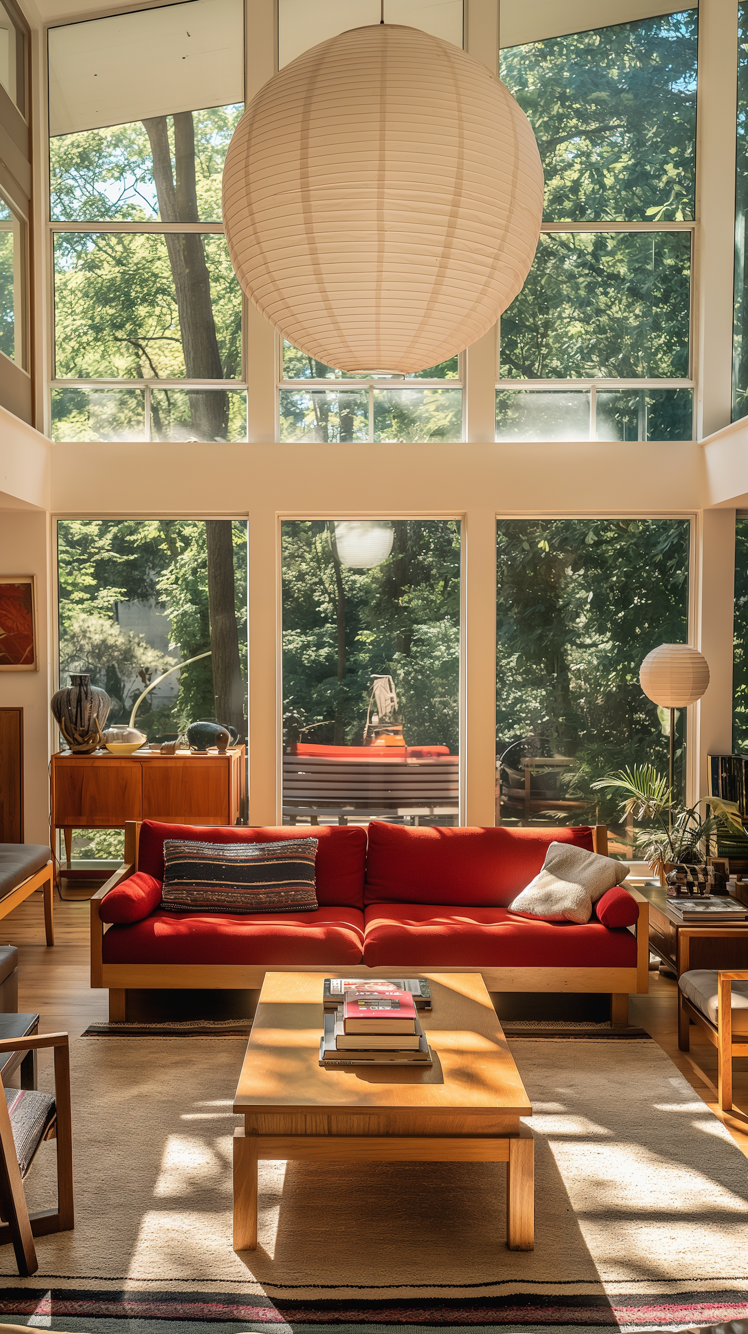 Modern Living Room with Forest View