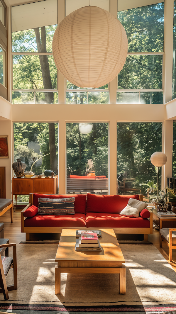 Modern Living Room with Forest View