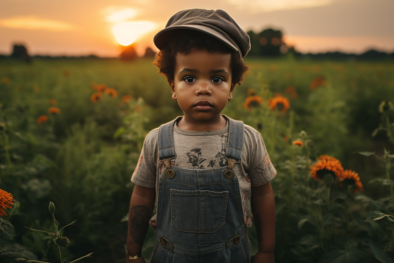 Pensive Child in Sunflower Field at Golden Hour