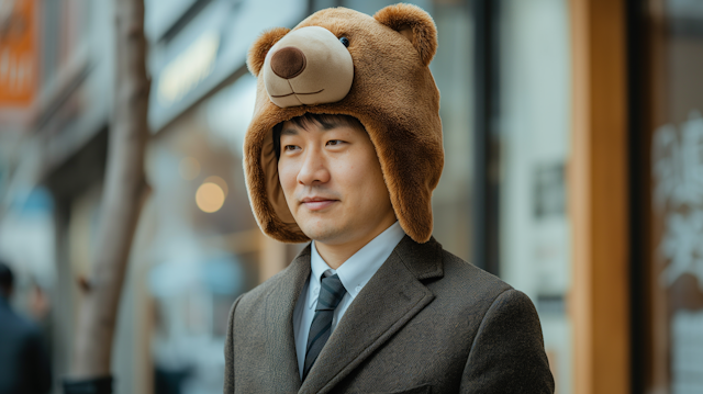 Asian Man with Teddy Bear Hat in Urban Setting