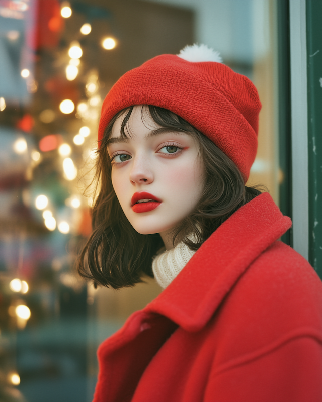 Contemplative Woman in Festive Red