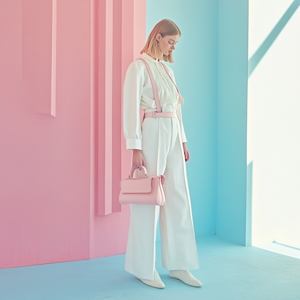 Stylish Woman Against Pastel Backdrop