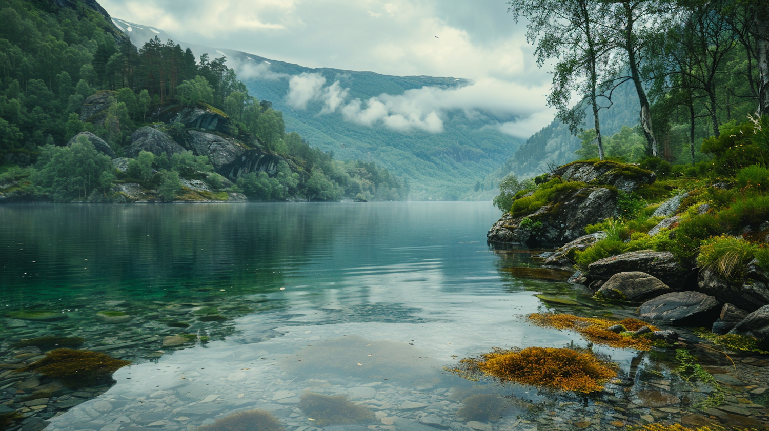 Serene Lake with Lush Greenery and Mountain Terrain