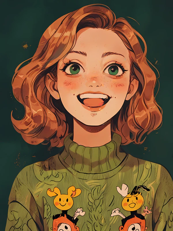Joyful Young Woman in Green Sweater