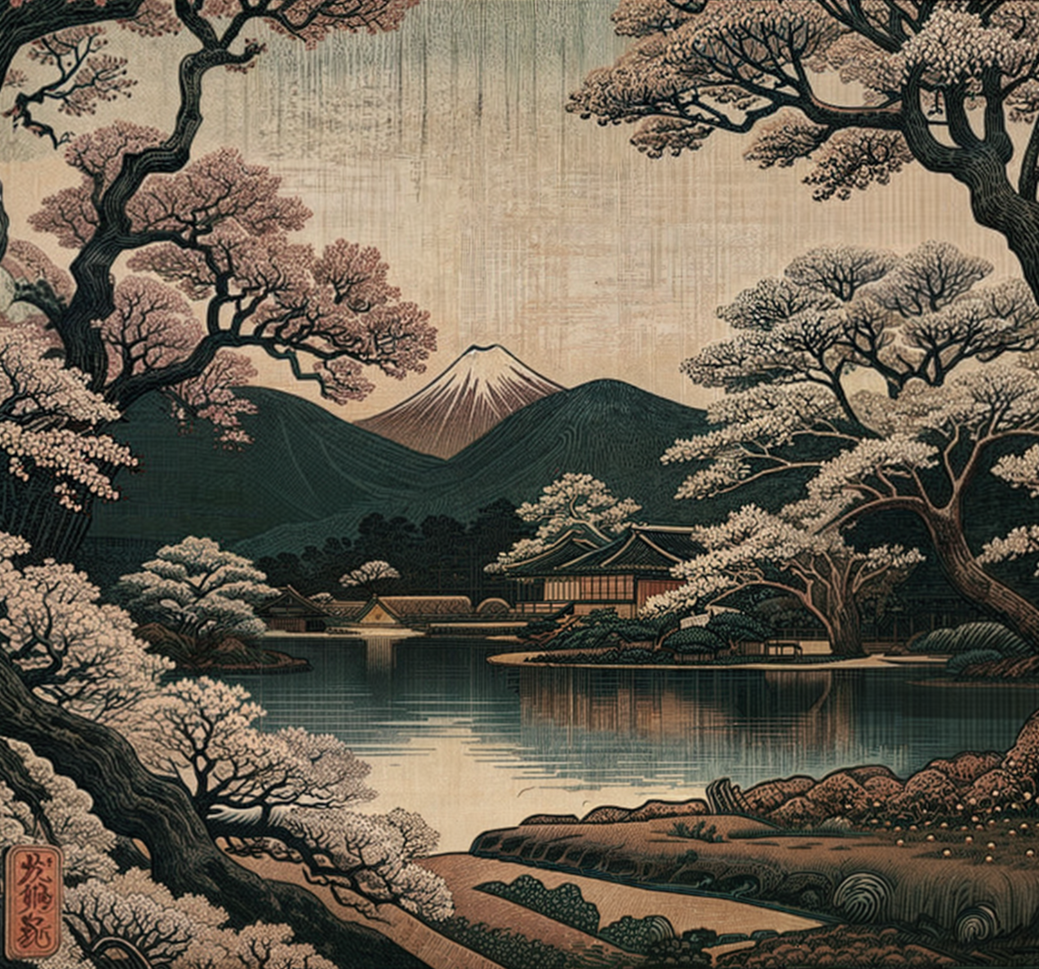 Traditional Japanese Ukiyo-e Style Landscape