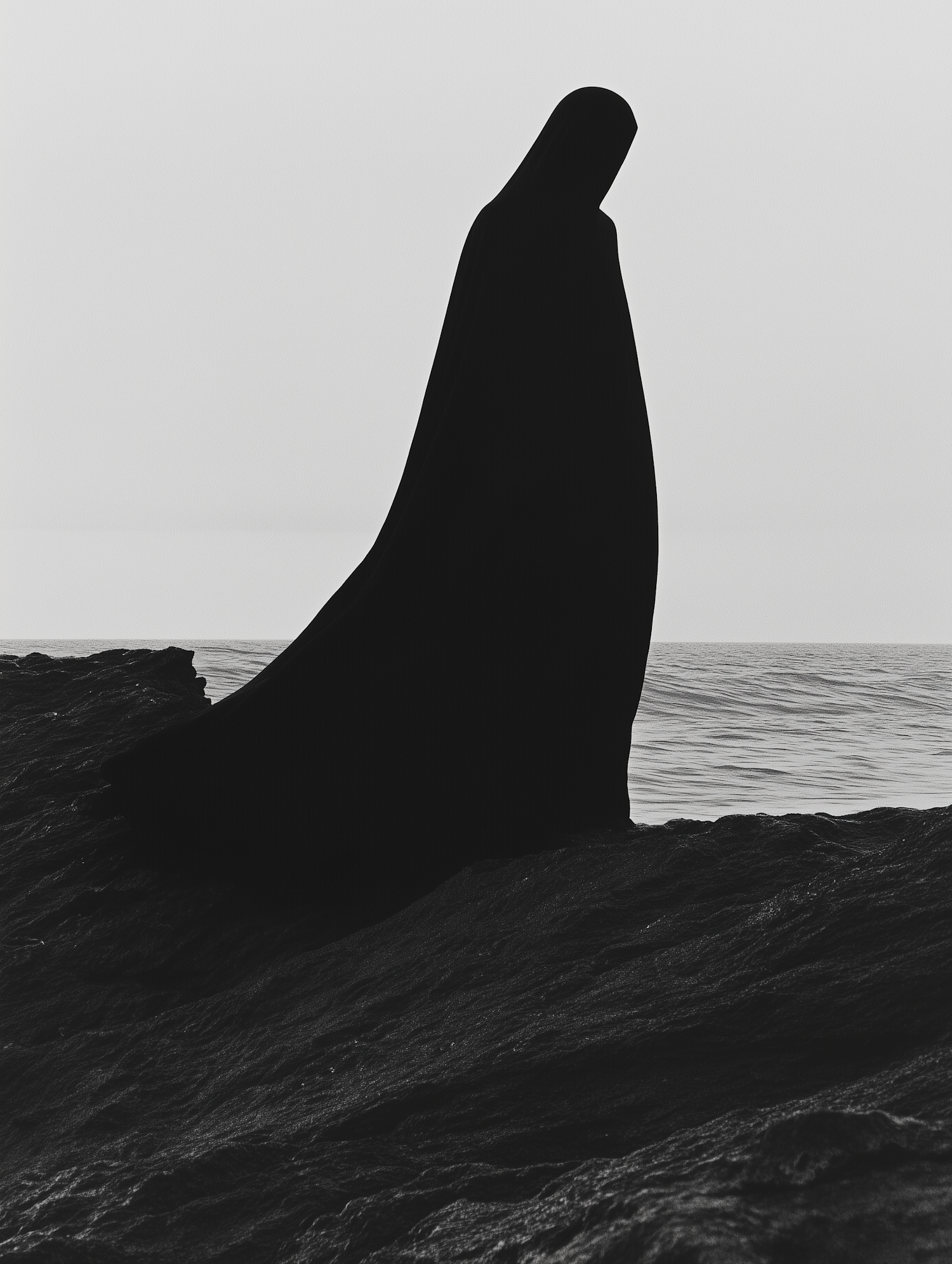 Solitary Cloaked Figure on Shoreline