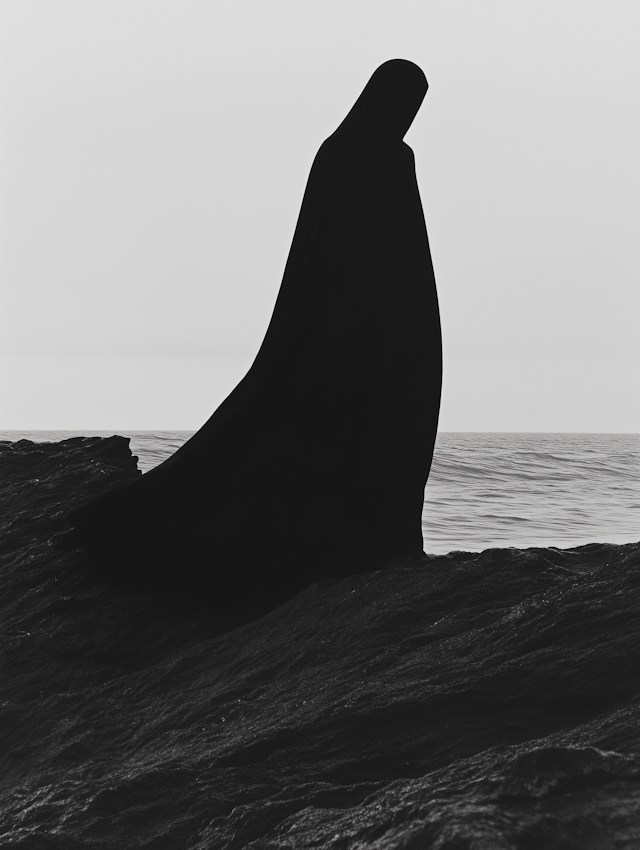 Solitary Cloaked Figure on Shoreline