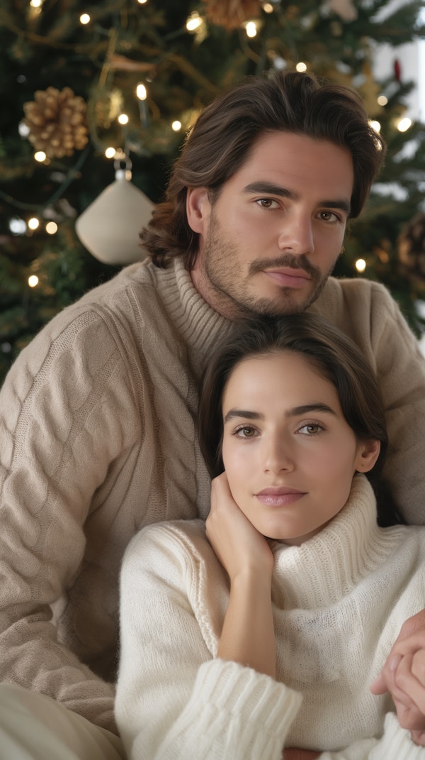 Couple Posing by Christmas Tree