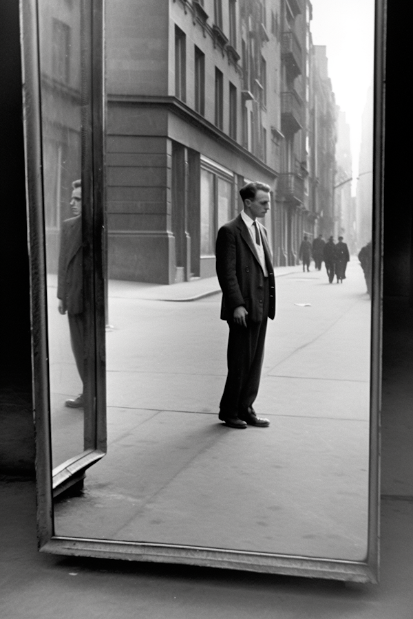 Man and Reflection on City Street