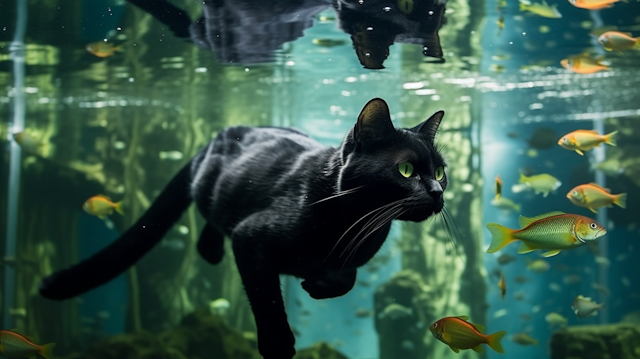 Underwater Black Cat with Fish