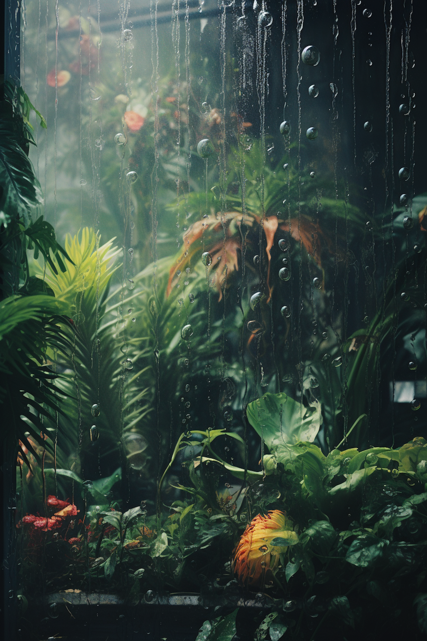 Raindrop-Filtered Botanical Vista