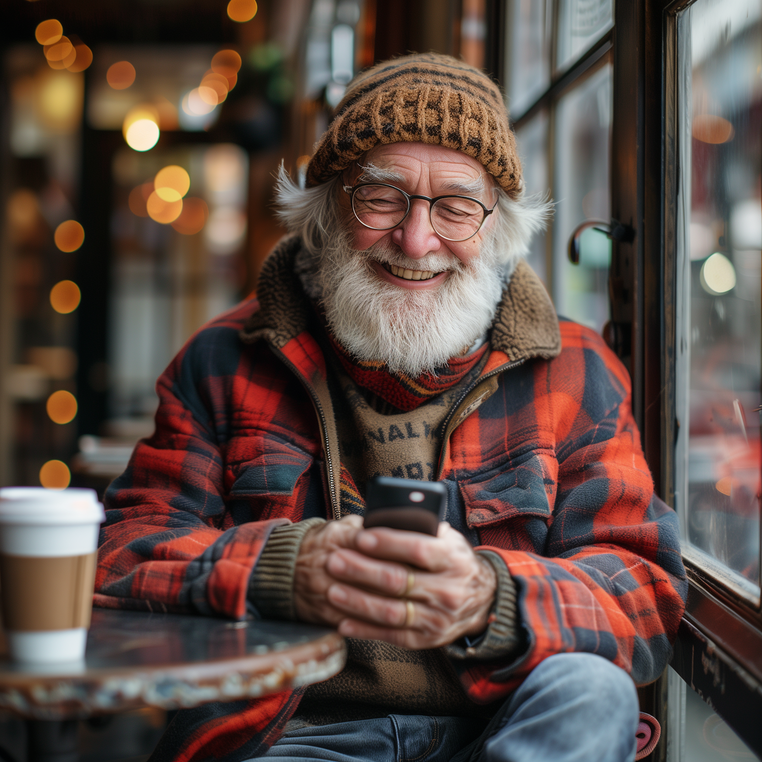 Joyful Elderly Man at Outdoor Cafe with Smartphone