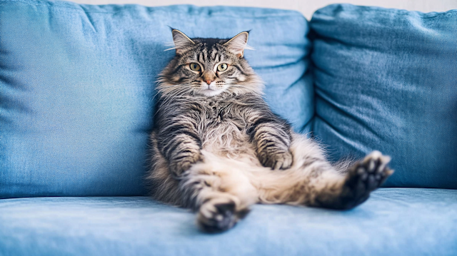 Relaxed Cat on Blue Sofa