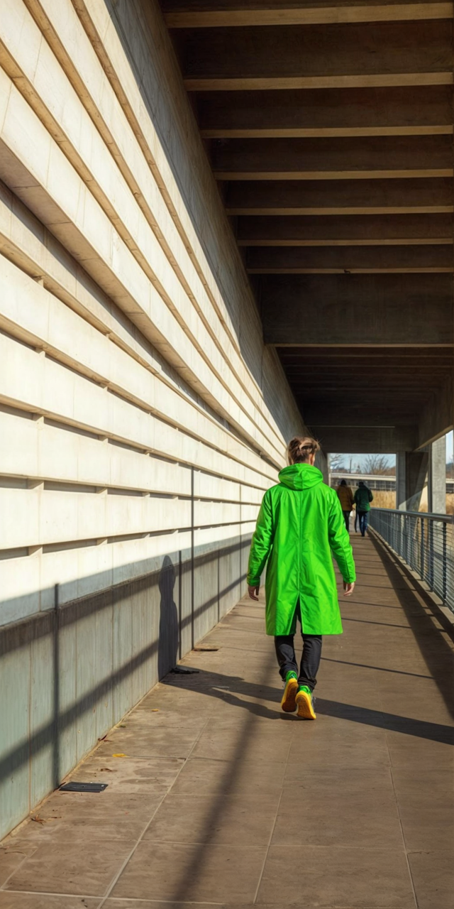 Person in Green Coat on Walkway