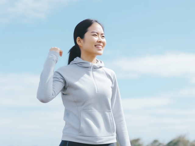 Joyful Athleisure-clad Asian Woman with Sky Background