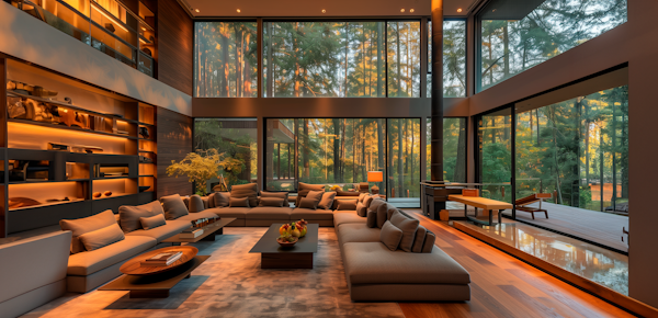 Modern twilight living room with forest view