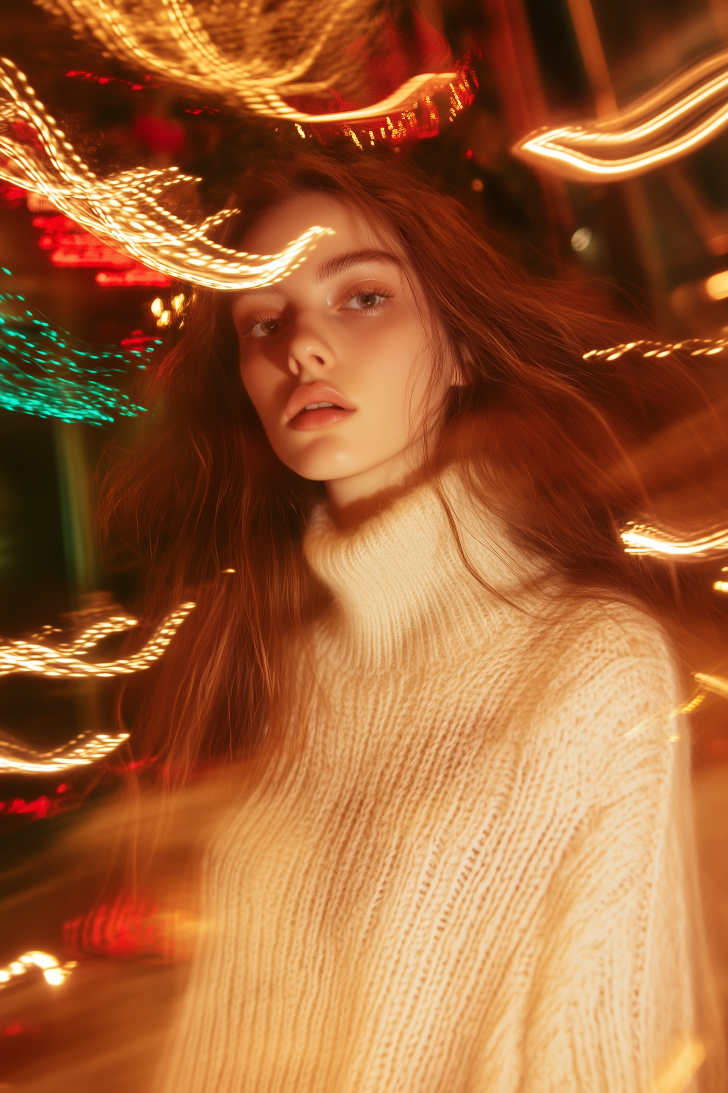 Serene Woman in Festive Lights