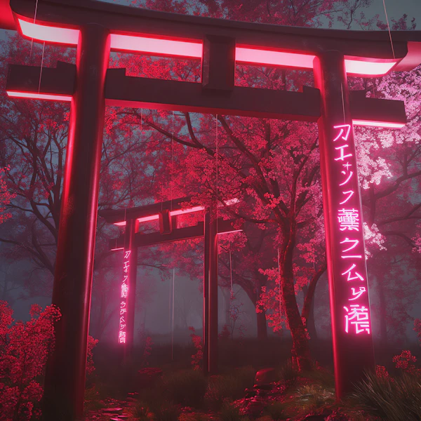 Mystical Neon-lit Japanese Torii Gate Amid Cherry Blossoms