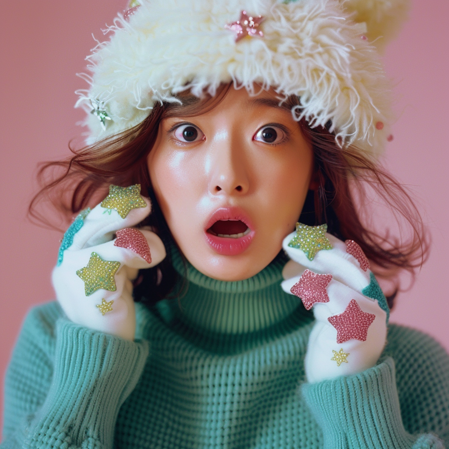 Surprised Woman in Whimsical Winter Attire