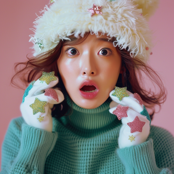 Surprised Woman in Whimsical Winter Attire