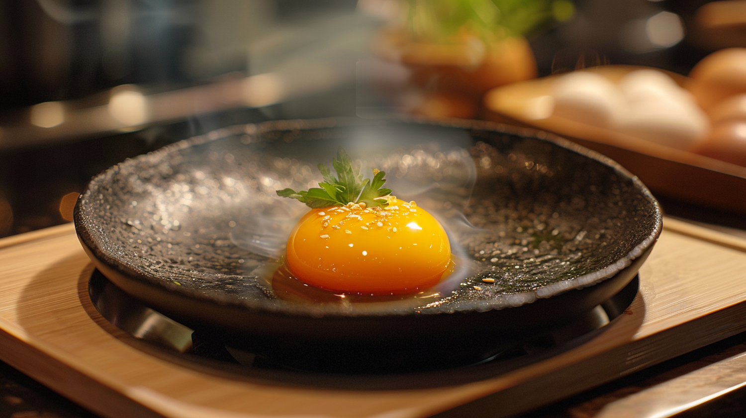 Close-Up of a Raw Egg Yolk on Black Plate