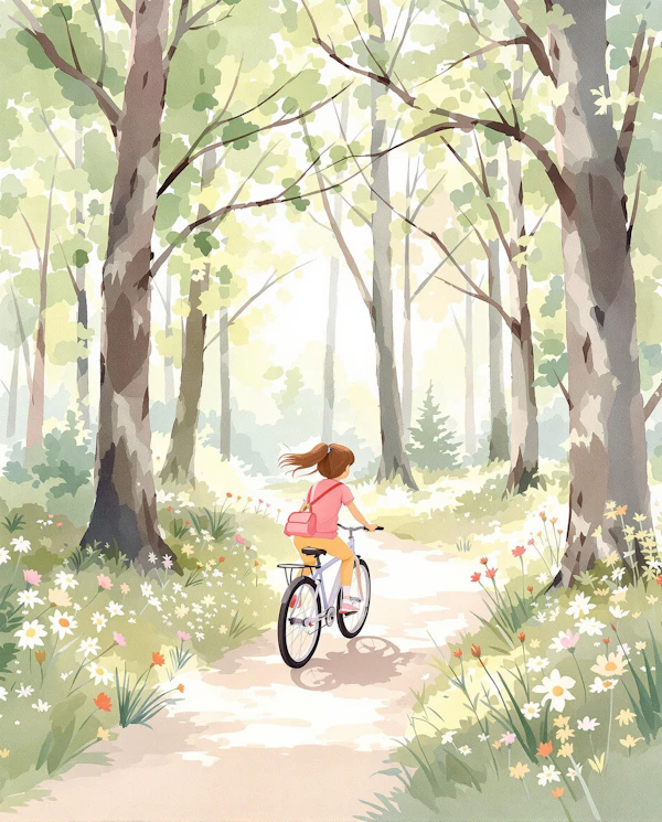 Girl Cycling Through Forest