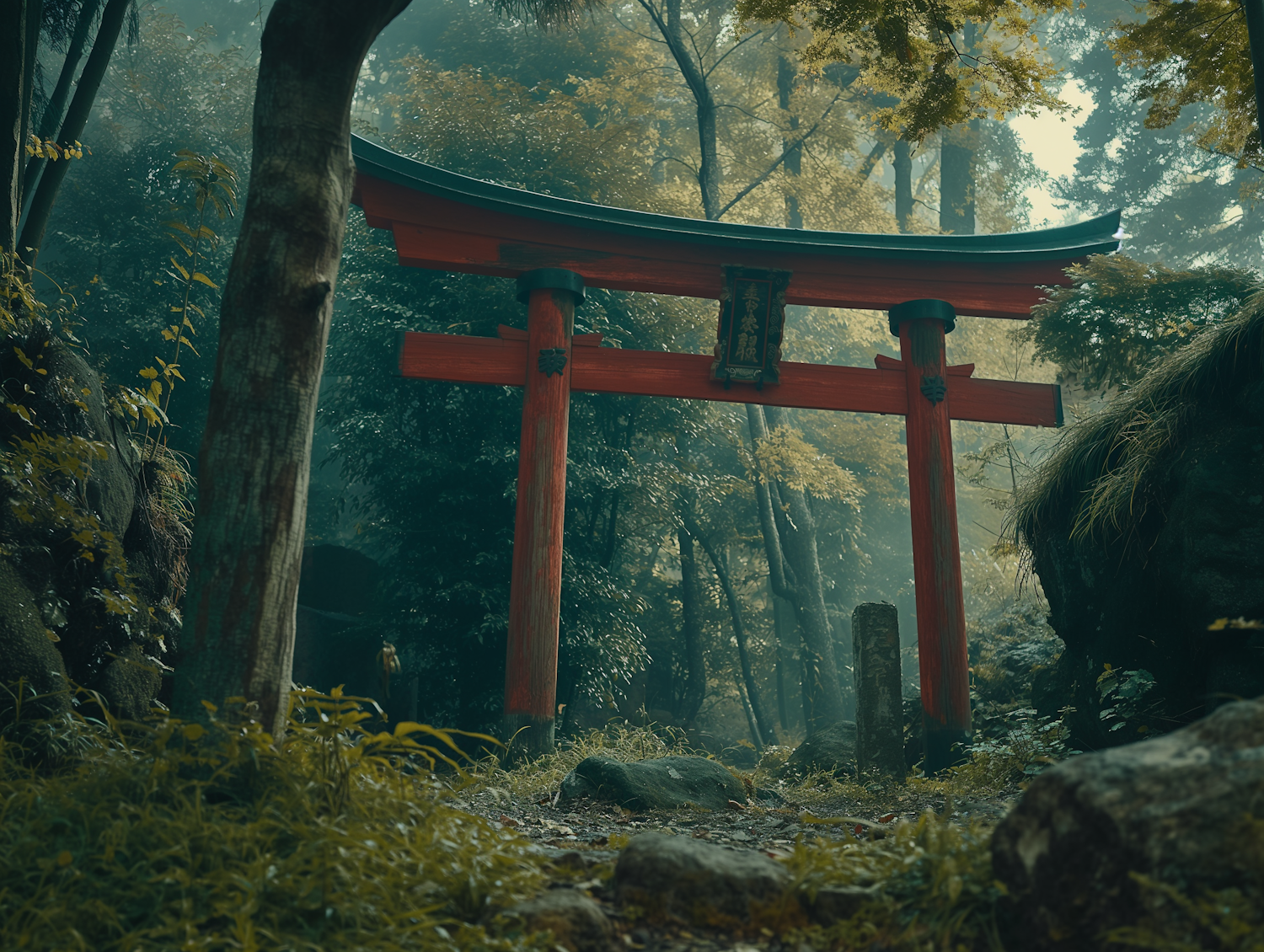 Mystical Torii Gate in Misty Forest