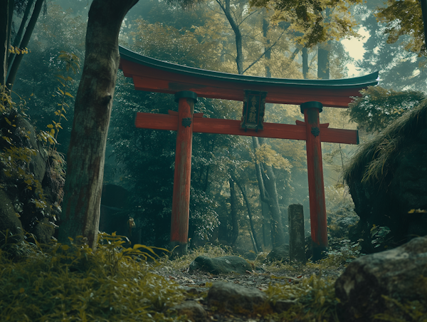 Mystical Torii Gate in Misty Forest