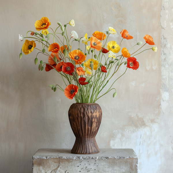 Rustic Elegance: Poppies in Wooden Vase