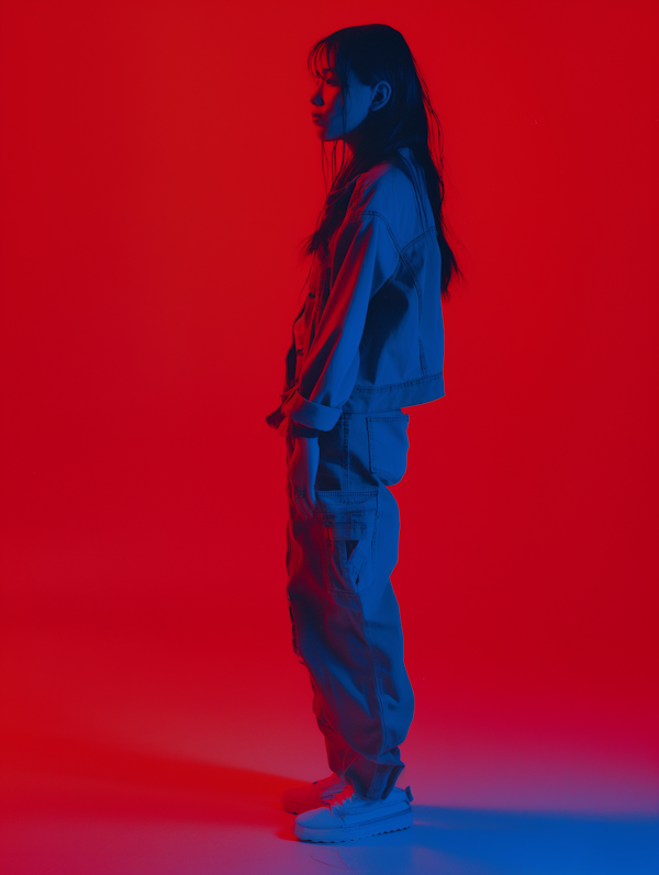 Contemplative Woman in Denim against Red Background