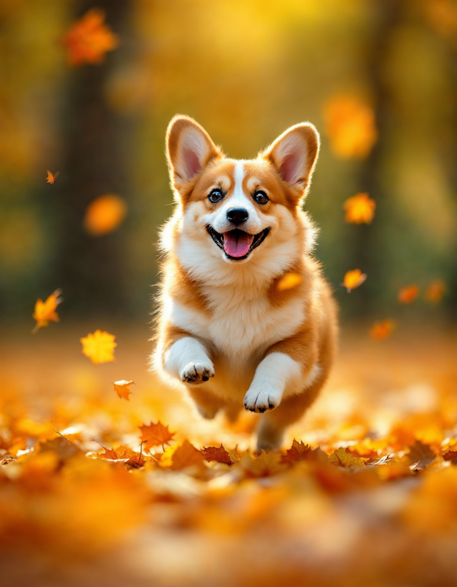 Joyful Corgi in Autumn Leaves