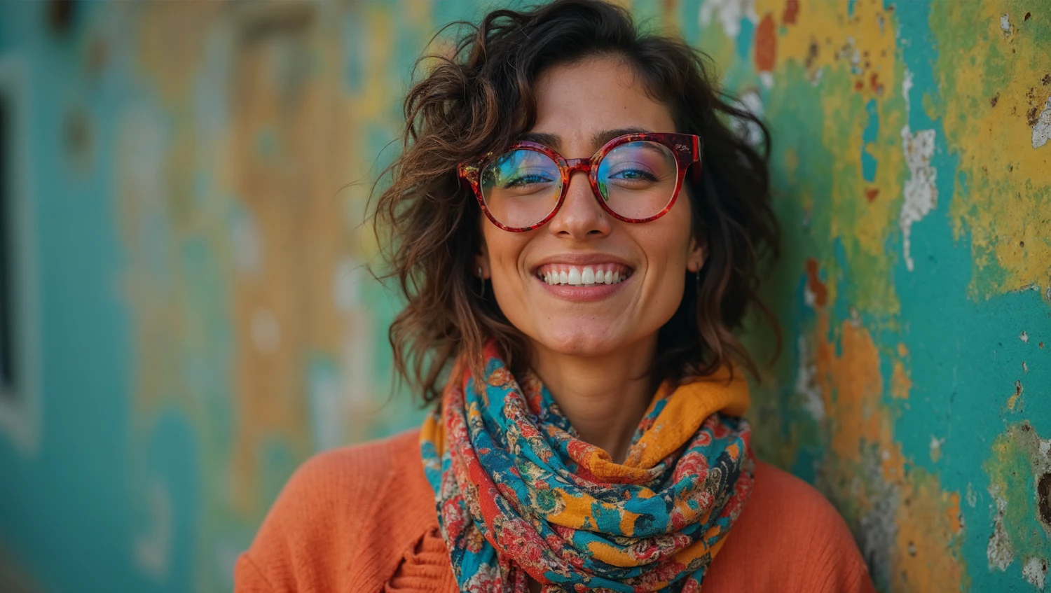 Cheerful Person with Colorful Scarf