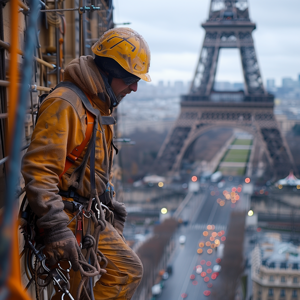 Worker at Heights Near Eiffel Tower