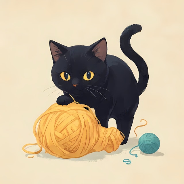 Playful Black Cat with Yarn