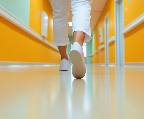 Person Walking in Vibrant Hallway