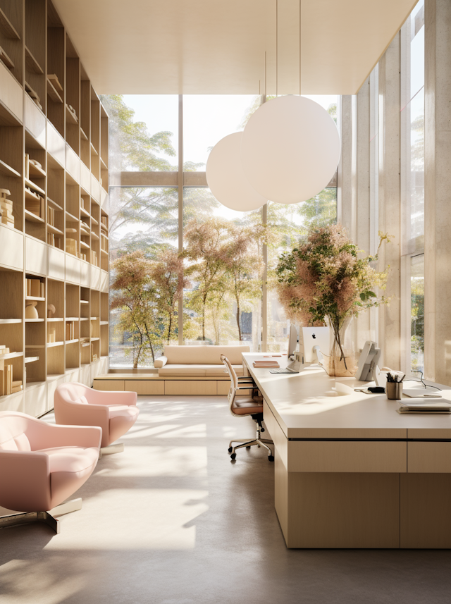 Sunlit Minimalist Multi-User Office with Ergonomic Design